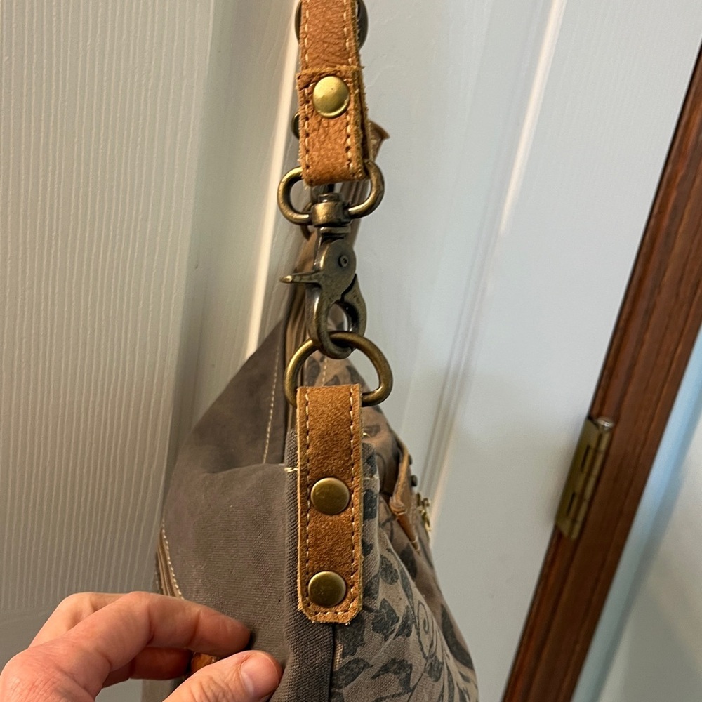 Myra Bag S-1305 Crossbody Leaf Print Canvas Bag w/ Leather Trim & Gold Bike Pin - Picture 14 of 16
